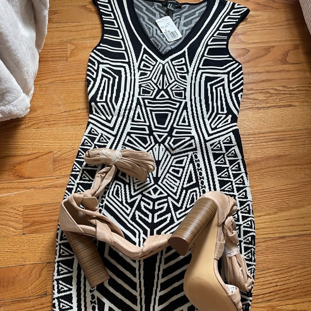 NWT. Forever 21 dress Black &Cream & NWT Beige shoes